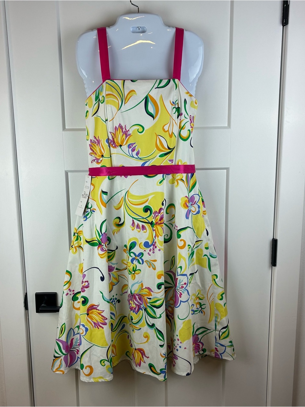 Spenser Jeremy Women's Yellow Floral Dress Pink Ribbon Straps Retro Size 6  d